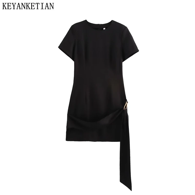

KEYANKETIAN Summer New Women's Metal buckle decoration Patchwork Mini Dress Leisure style O-Neck Short Sleeve Black Dresses