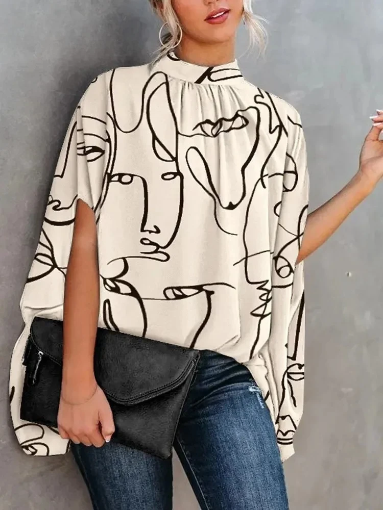 

Casual Loose Women's Blouse Fashion Batwing Sleeve Print O-neck Shirts Top Spring Summer Office Lady Blouses Elegant Tops