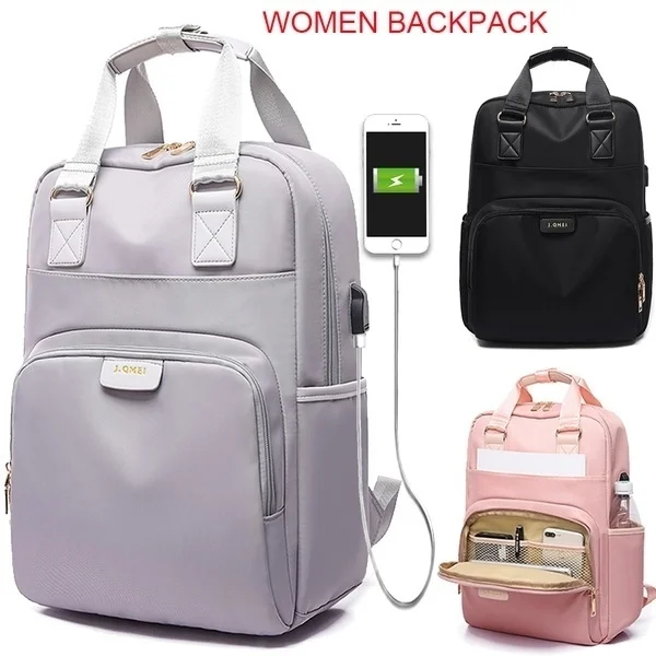 

Fashion Both Shoulders USB Charge Pink Backpack Women Computer Backpack 15.6 Inches Large Capacity Waterproof Bagpack