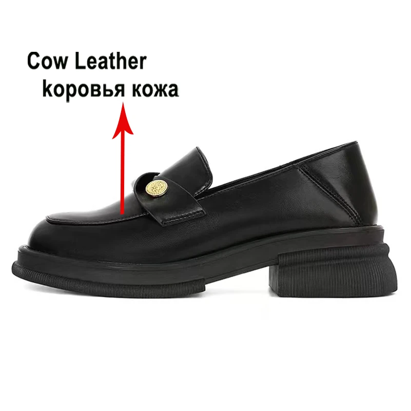 Meotina Women Genuine Leather Loafers Round Toe Thick Mid Heels Metal Decoration Ladies Fashion Shoes Spring Autumn Black 40