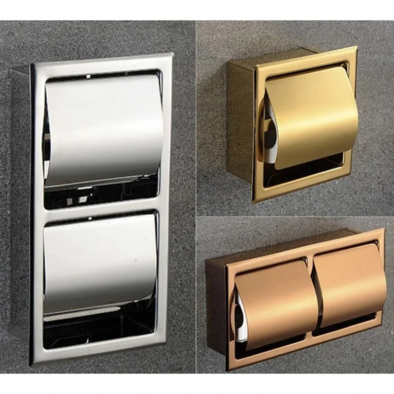 304ステンレス鋼磨き仕上げ壁埋め込み式トイレットペーパーホルダー公共ホテル用ローズゴールド隠しロールティッシュ