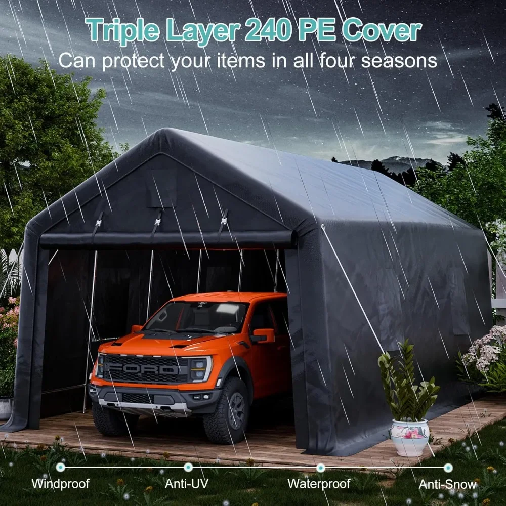 Carport,Heavy Duty Peak Portable Garage with All-Steel Metal Frame & Ventilated Windows, Anti-Snow UV Protection Car Canopy