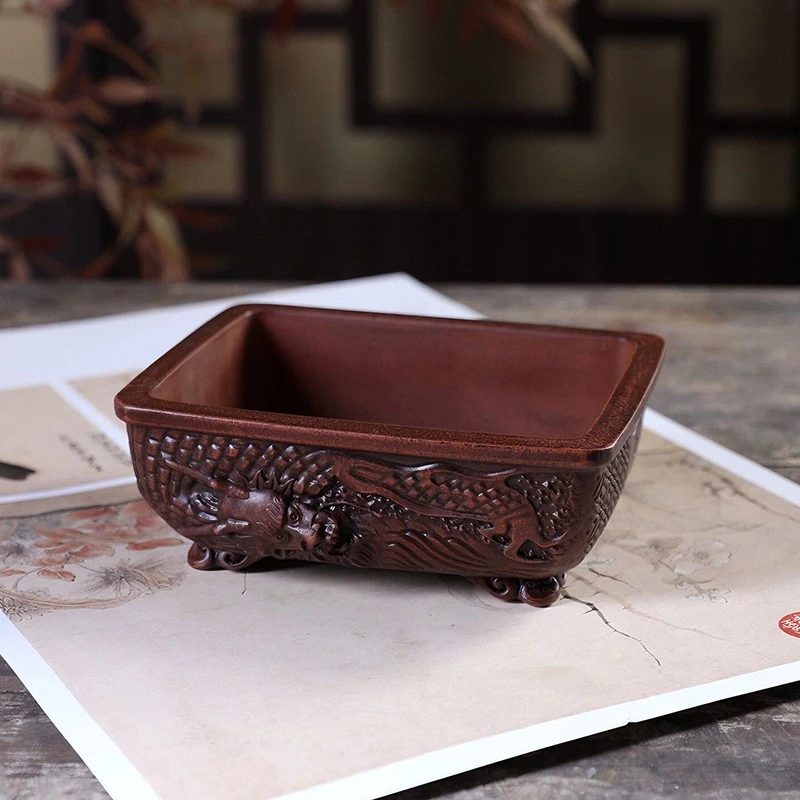 Hand Craved Carving Technique Purple Clay Chinese Totem Flower Pot High Quality Chinese Dragon Bonsai Pot With Cloud Feet