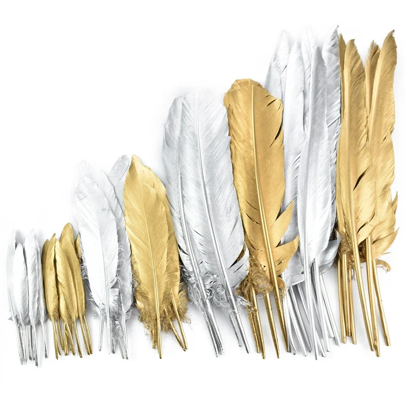 Gold- und Silber-Gänsefedern für Bastelarbeiten, goldene Enten- und Truthahnfedern zur Dekoration von Hüten, Traumfänger, Vasen und als Hochzeitsaccessoires – Detail 3