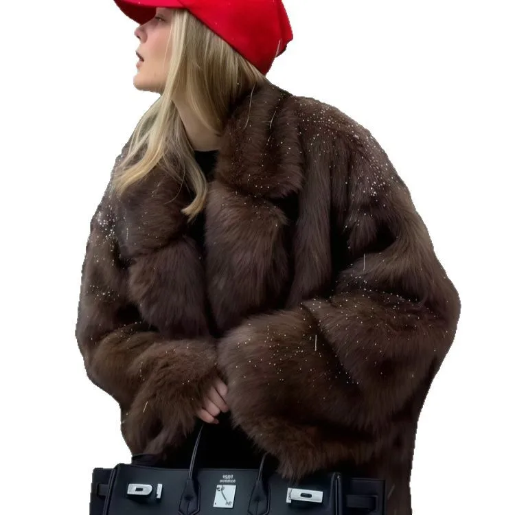 المرأة منتصف طول معطف الفرو Jaet الخريف الشتاء Faion Ele التلبيب معطف رقيقة بسيطة Sle فضفاضة تناسب الأصل الصيني