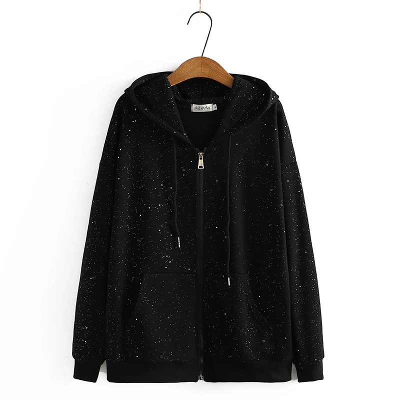 Korean Style Loose Rhinestone Black Long Sleeve Casual Top Women 2023 Spring Autumn New Hooded Zipper Sweatshirt Coat Female