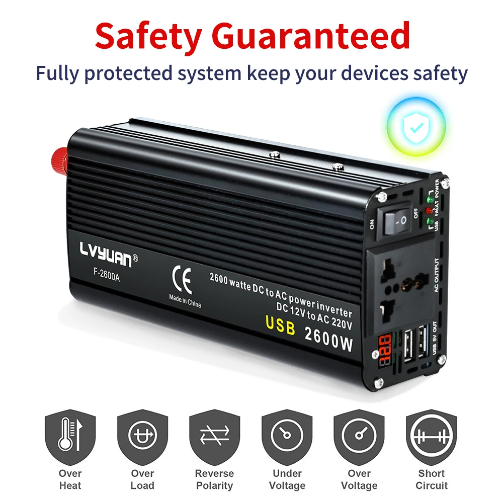 LVYUAN Inverter DC12V AC220V 1500W/2000W/2600W Car Converter Universal Socket LED Display travel Solar Energy Battery Inversor