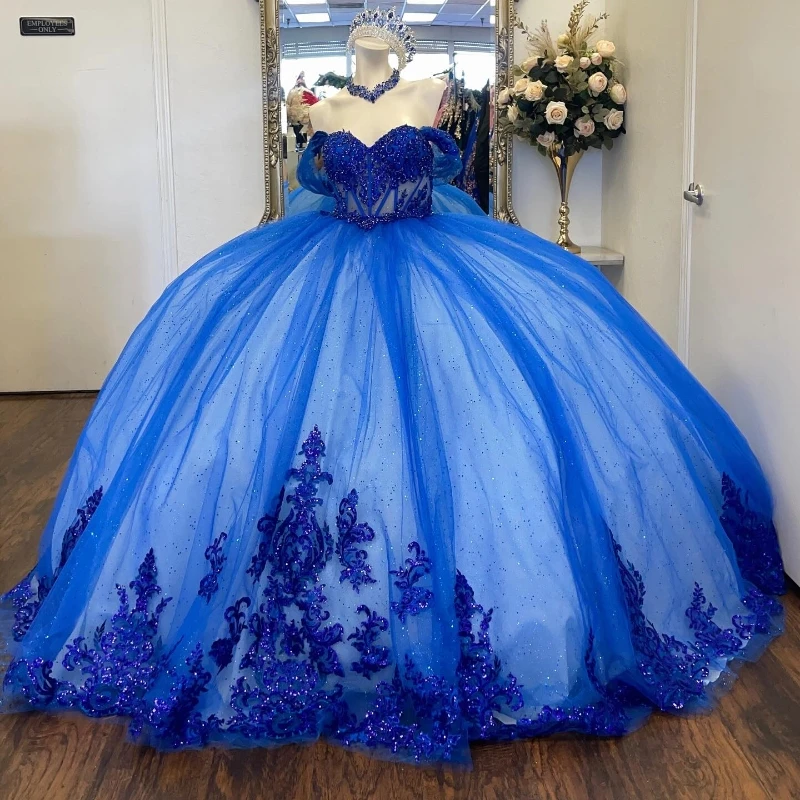 

Lorencia 2023 Blue Shiny Quinceanera Dress Sweetheart Princess Beading Lace Applique Sweet 16 Mexico Vestido De 15 Anos YQD529