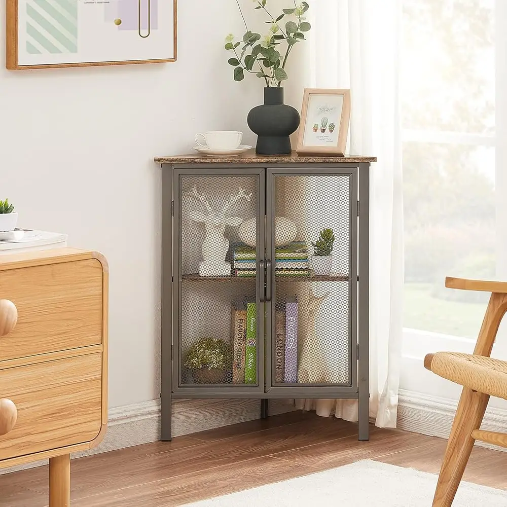 

Corner Cabinet/Table, 3-Tier Shelves With Protection Door, Metal Frame Storage Shelf Organizer For Small Space, Living Room,
