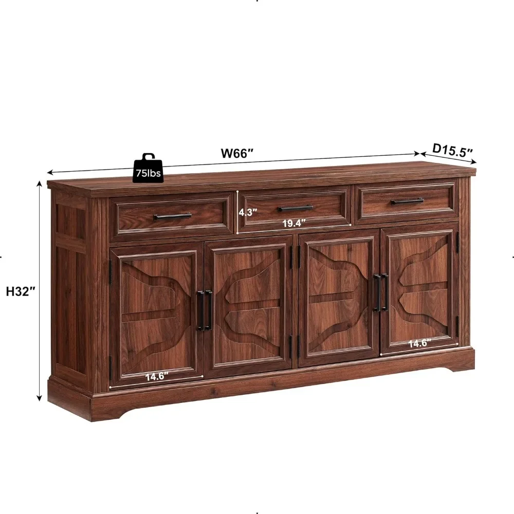 Sideboard Cabinet with 4 Door and 3 Drawers, Adjustable Shelves, The Three Drawers Provide Additional Space, Livingroom Cabinet