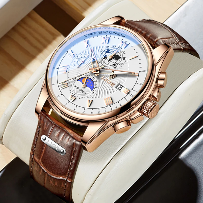 New Original Leather Watch For Men LIGE Top Brand Luxury Mens Watches Fashion Military Waterproof 24 Hour Moon Phase Watch Men