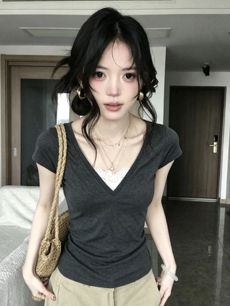2000s Harajuku Vintage Slim Short Sleeve T Shirts Y2k Summer American Streetwear Tees Women Subculture Casual Fake 2 Piece Tops