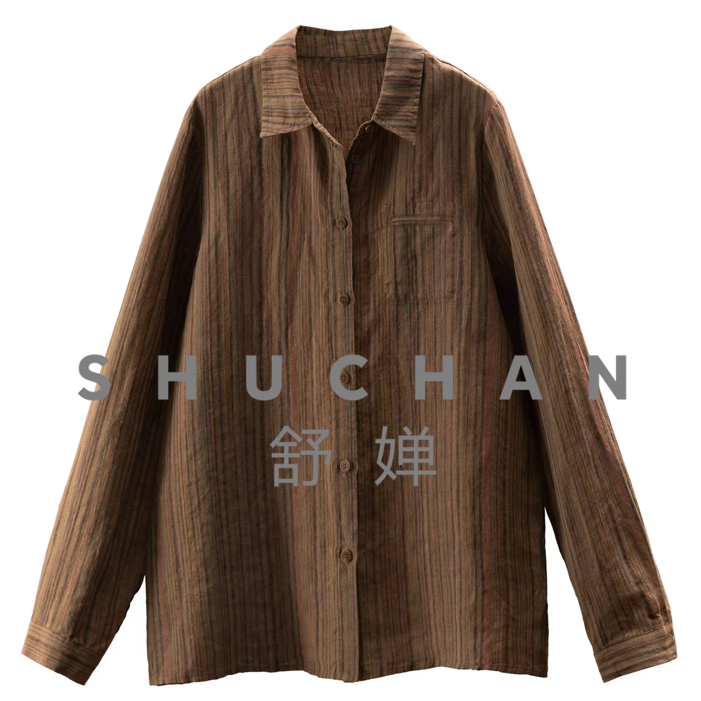 

Slack Old Money Brown European Standard Yarn-dyed 100 Linen Striped Long-sleeved Shirt Women's 31J1