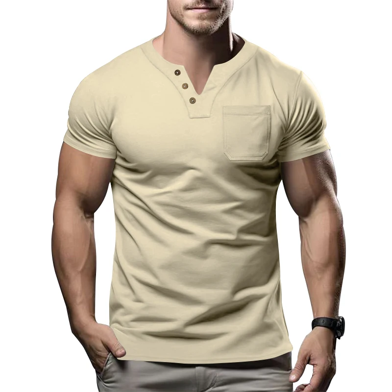 Summer casual T-shirt for men, fashionable and trendy, sporty and slim fitting, solid color V-neck pocket for men, half sleeved