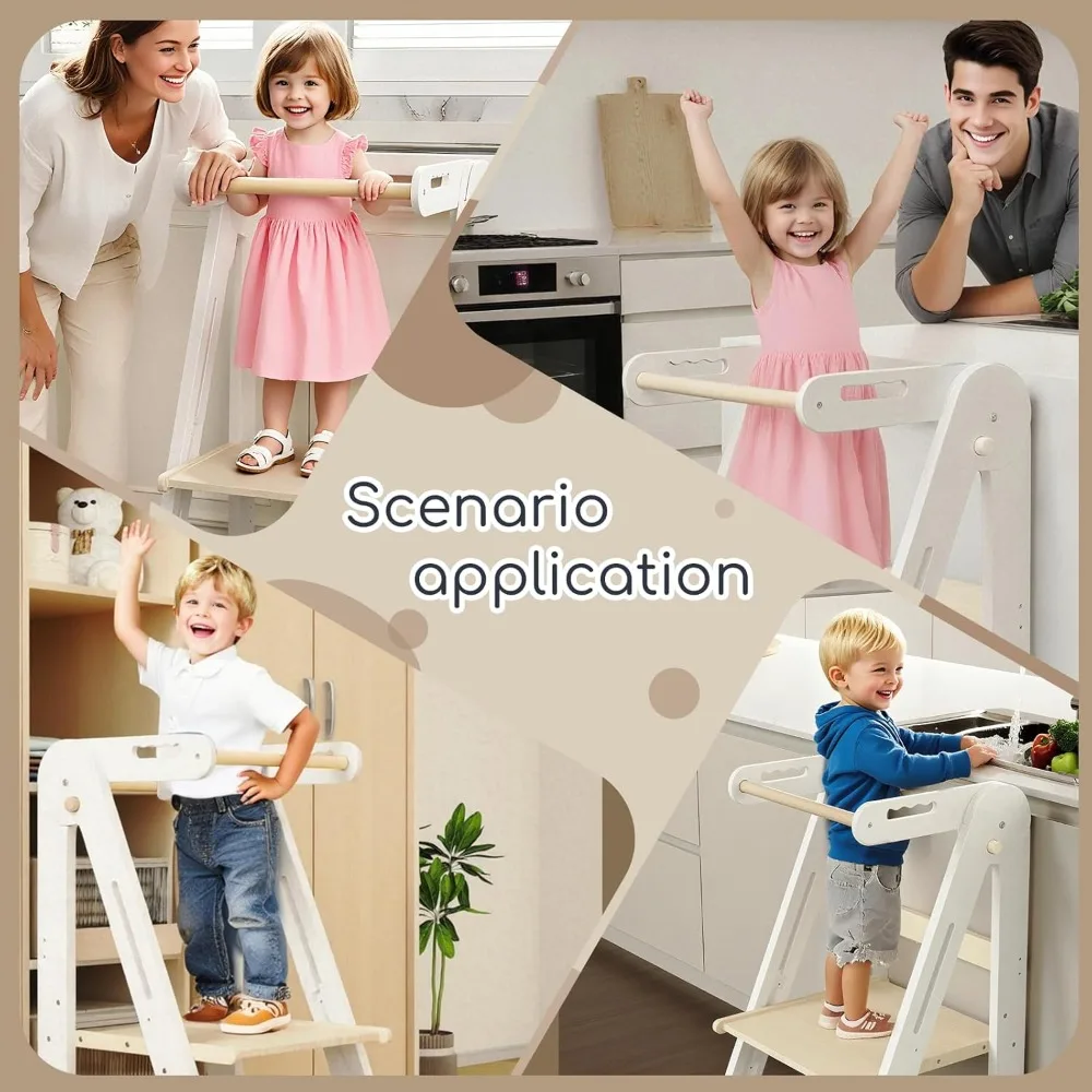 子供用キッチン踏み台、折りたたみ式幼児用タワー、高さ調節可能な幼児用立ちタワー、安全レールと滑り止め装置付き