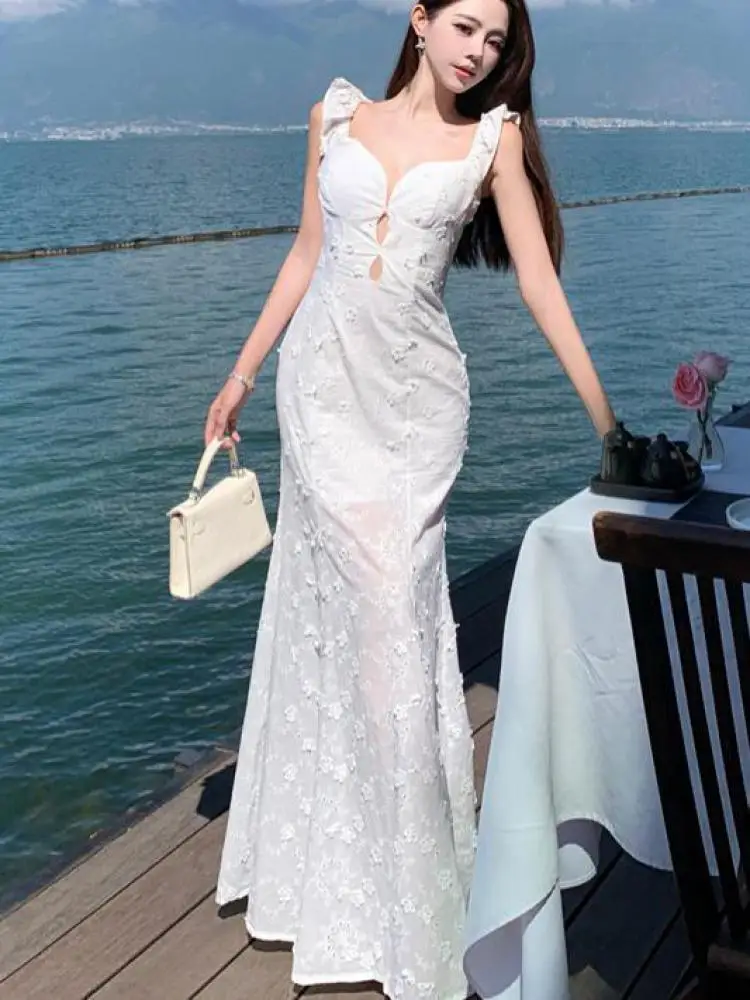 

French Women White Lace V Neck Hollow Out Elegant Sexy Ruffles Slip Dress Summer Sleeveless Backless Vacation Evening Long Dress