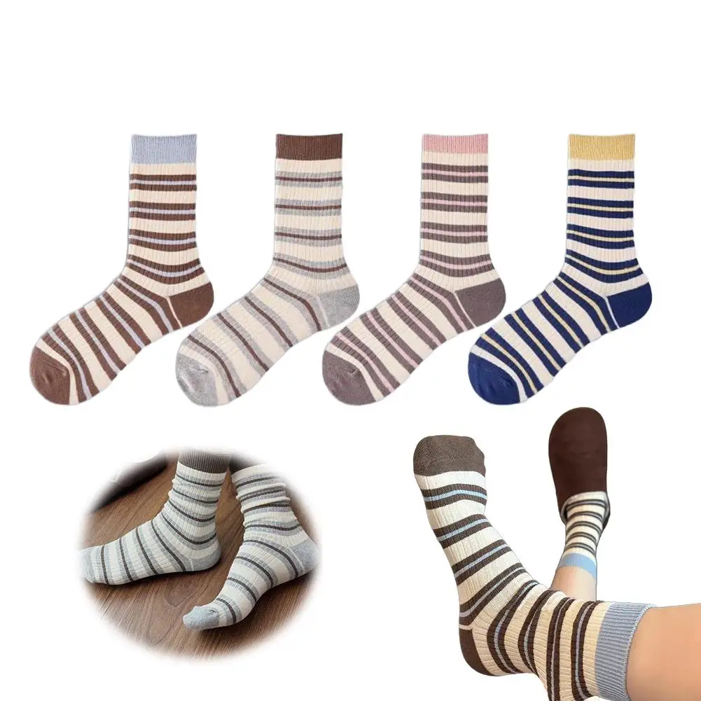 جوارب نسائية محبوكة من القطن كاجوال مخططة بلون الدوبامين للفتيات في المدارس جوارب بطبقة مزدوجة #6