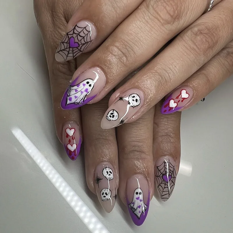 24 pz Nero Lungo Mandorla Presse sulle Unghie Set Fantasma Zucca Modelli Stiletto Unghie Finte Art Halloween Indossabile Unghie Finte Consigli