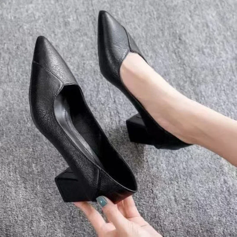 Women's Air Stewardess High Heels Thick Heel Versatile Sexy Single Shoes Professional Work Shoes Black Small Leather