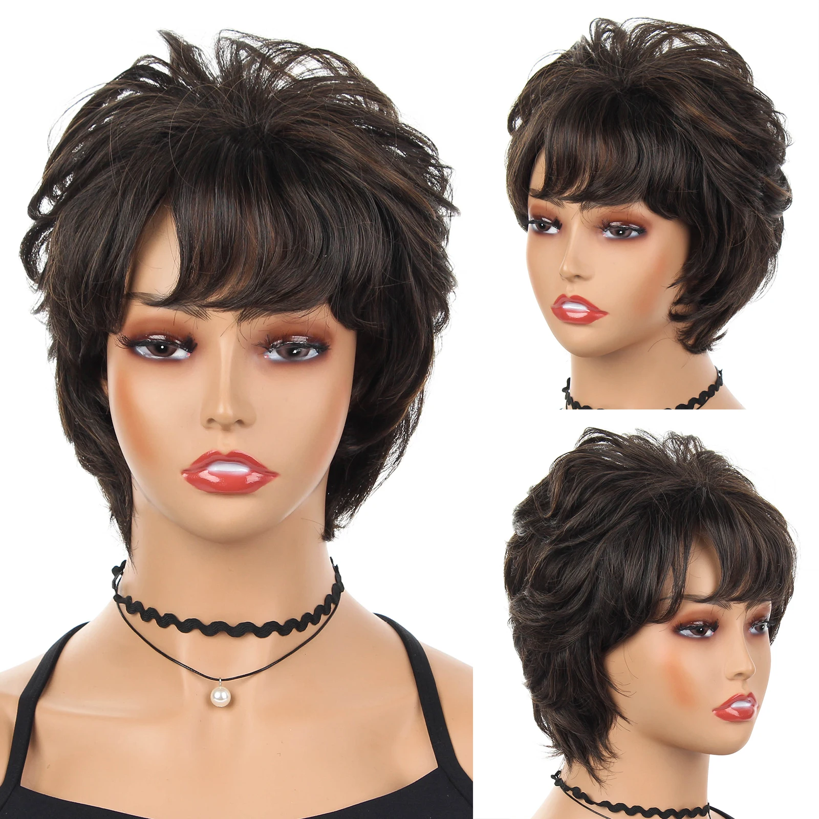 

Wig for Women Synthetic Short Wig with Bangs Mixed Black Hair High Temperature Fiber Heat Resistant Hair Daily Use Wigs