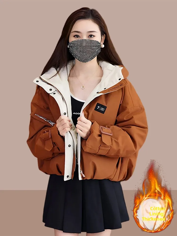 

Women's Parka Cotton Jacket Hooded Thickened Winter Coat Short Outerwear Korean Style Commute Long Sleeve Zipper Pure Color