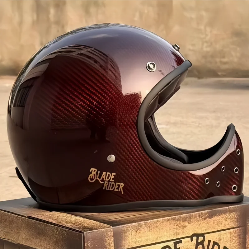 Unisex Adult Retro Full Face Motorcycle Helmet with Pointed Beak, Carbon Fiber Shell, Vintage Cafe Racer Motorbike Riding Helmet