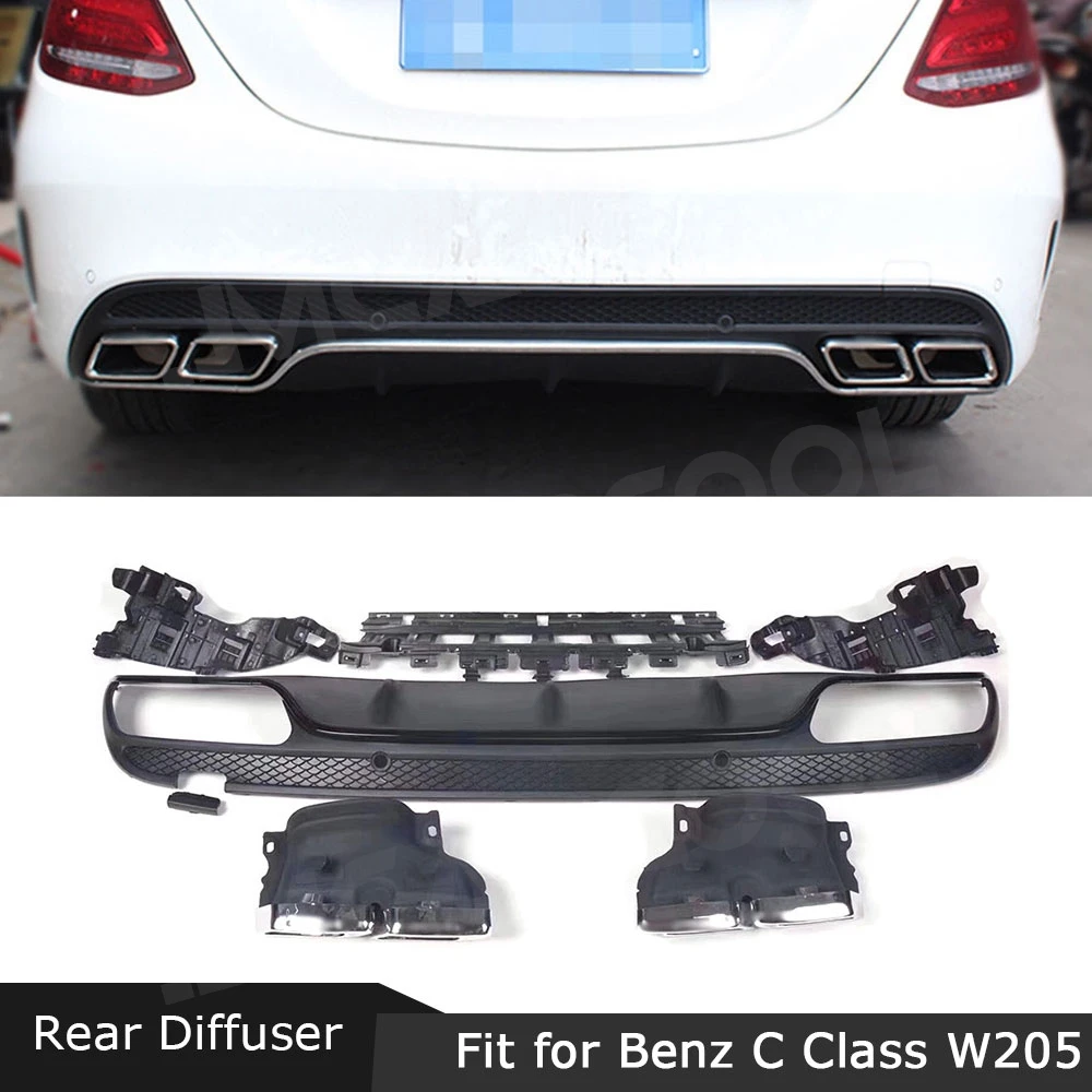 PP Rear Bumper Lip Diffuser With Exhaust Tips Bracket for Benz C Class W205 Sport Bumper 4 Door Change to C63 AMG look 15-17