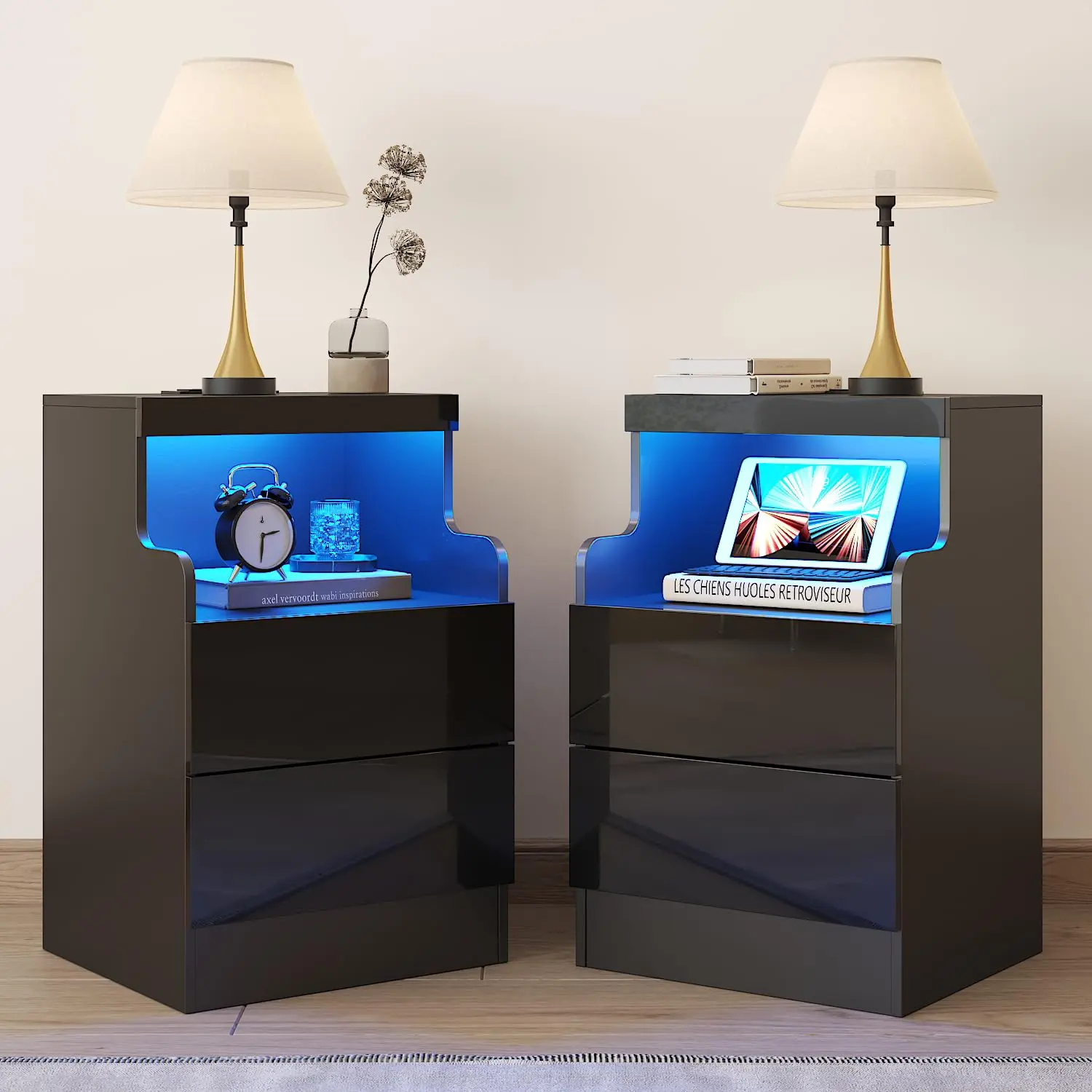 Nightstand Set of 2 with LED Light & Charging Station 2 Drawers Power Outlets Bedside End Side Table Modern Black, Customized