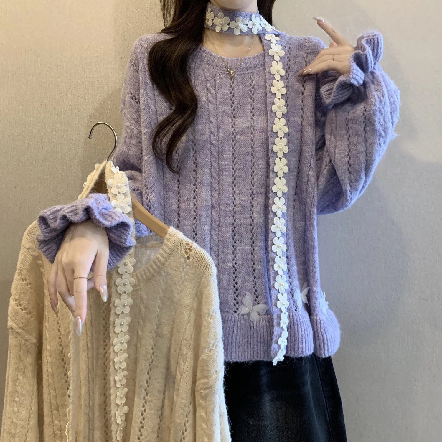 

Lace Flower Ribbon Purple Sweater Yarn Butterfly Fashion Loose Fitting Pullover Spring Autumn New Women's Knitted Sweater Top