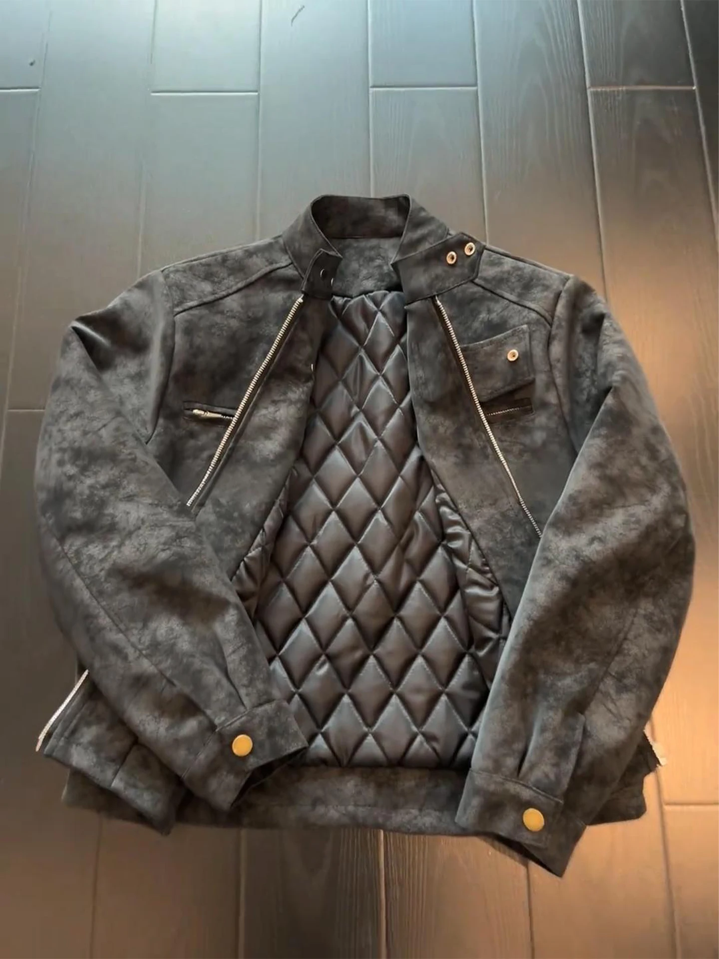 

American Dyed PU Leather Jaet Cotton Jaet Outerwear Men Women Autumn Winter Thiened Warm Cotton Jaet Stand Collar Han...