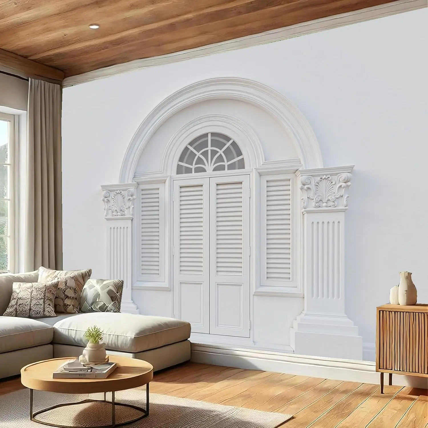 European Retro Architecture Mural Wallpaper, Arched Window Louvered Door Poster Wall Mural, Bright White Panoramic Large Photo W