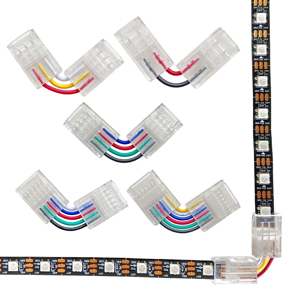 L-Shaped LED Light Strip Corner Connector Transparent Solderless Buckle Board To Board Solderless For 2/3/4/5/6Pin RGB RGBW Tape