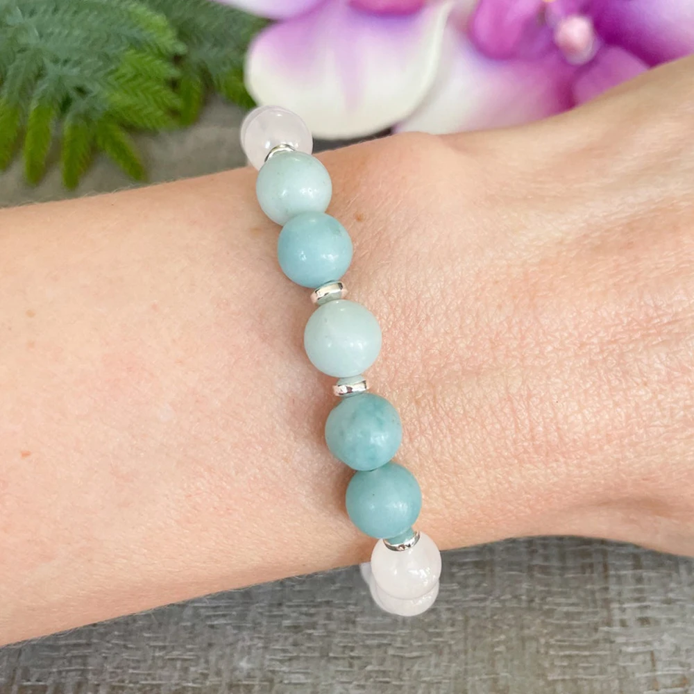 MG1511 A Grade Amazonite & White Jade Gemstone Bracelet Natural Snow Quartz Healing Crystals Anxiety Yoga Mala Bracelet