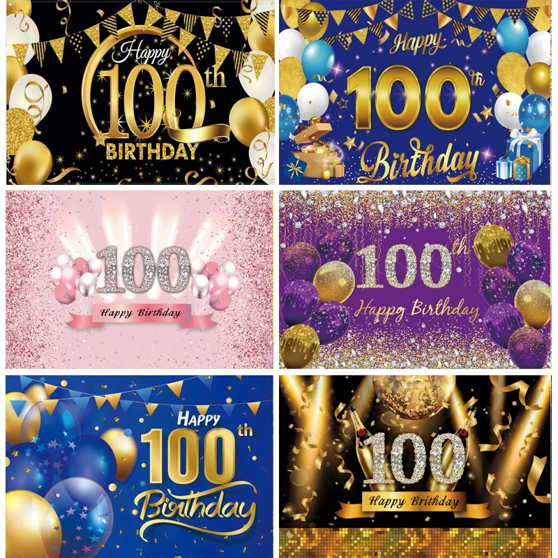 

Happy 100th Birthday Backdrop Black Glod Adult Anniversary Party Shiny Customized Photography Background For Photo Studio Banner