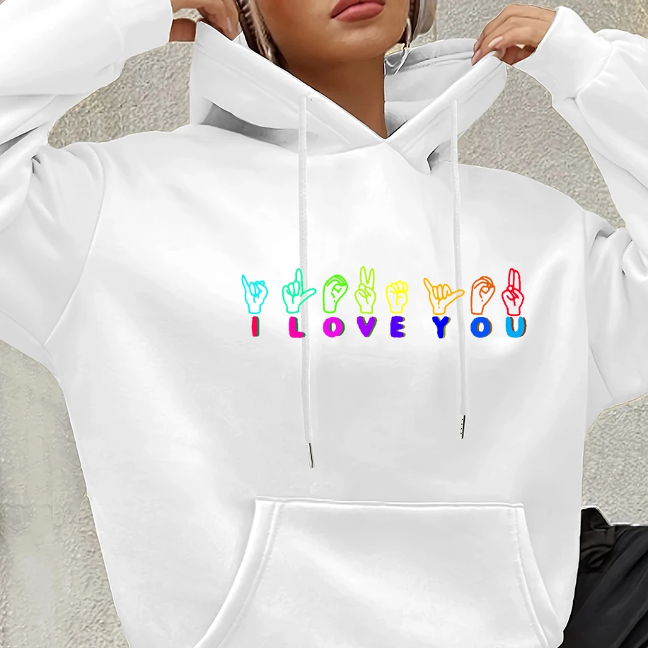 بارد ملون Je T'Aime لفتة مطبوعة الرجال النساء هوديي مضحك شخصية مصممة للجنسين أعلى فضفاض عارضة الهيب هوب البلوز #2