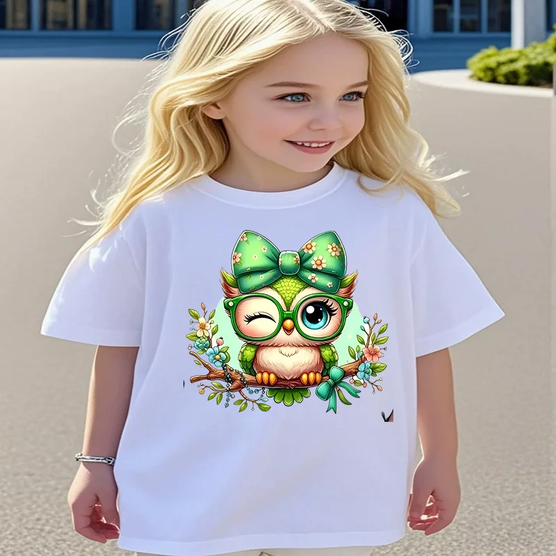 

Хит продаж: Детская футболка с коротким рукавом и круглым вырезом с принтом мультяшной совы, одежда для девочек, топы из полиэстера
