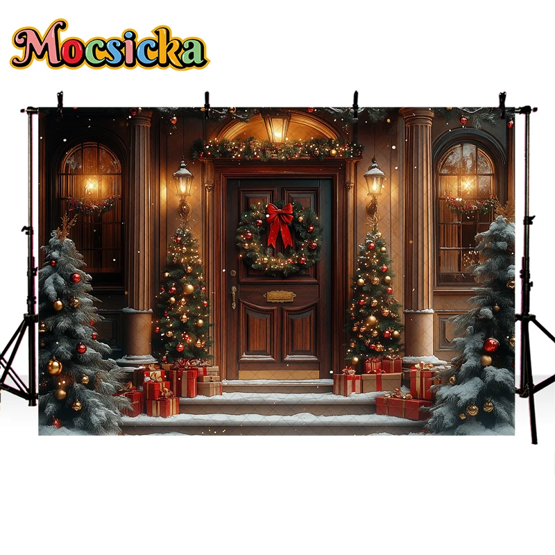 Mocsicka Christmas Backdrop Photography Wooden Door Winter Glitter Xmas Tree Decor Holiday Party Kids Portrait Photo Background