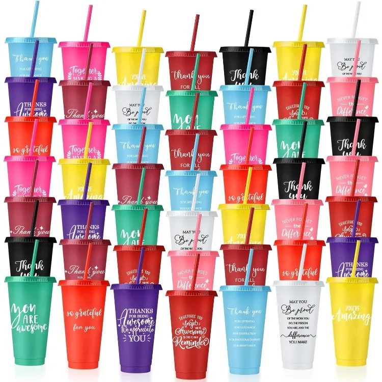 50 Pcs Employee Appreciation Tumbler with Straw and Lid Bulk 24oz Thank You Cup Graduation Gift Plastic Tumbler (Delicate Style)