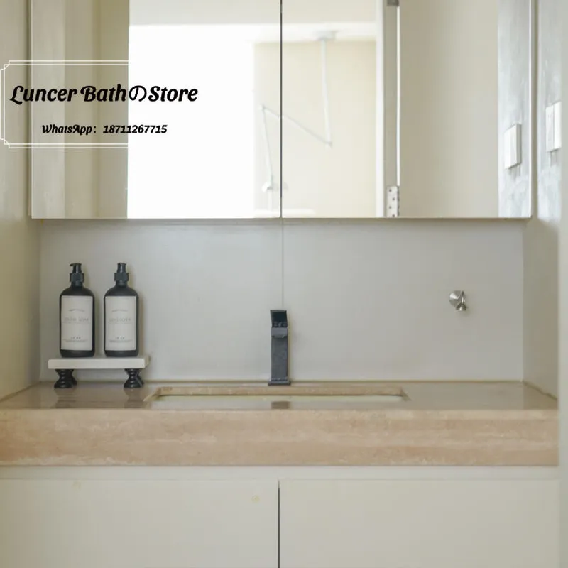 Modern Luxury Bathroom Vanity with Yellow Travertine Countertop & Ceramic Undermount Sink for Villa