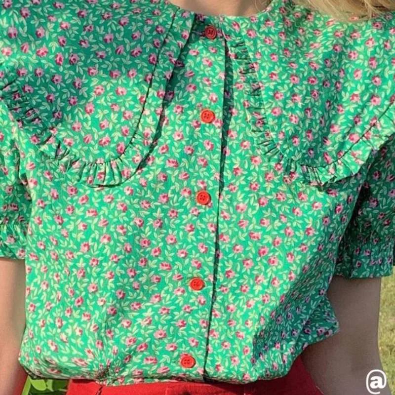 Vintage Floral Button Loose Shirt Tops Summer New High Waist Solid Color All-match Short Skirt Fashion Sweet Women Clothing