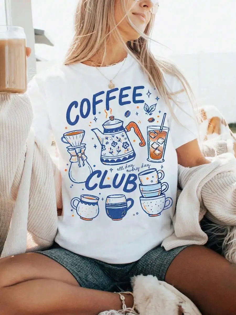 Women's Vintage Coffee Club Aesthetic Hand Drawn Coffee Lover Retro Coffee Urn Cup Graphic Print T‑Shirt Crew Neck Short Sleeve Casual Lounge Tee Top