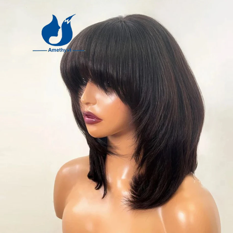 Amethyst Scalp Top Natural Black Bob with Bangs for Women 100% Human Hair Full Machine Made Wig Face Framing Layered Cut 8-16''