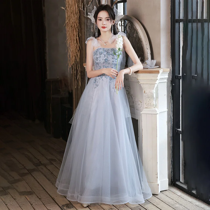 

It's Yiiya Evening Dress Gray Tulle Appliques Straps Lace up A-line Floor-length Plus size Women Party Formal Gown Customization