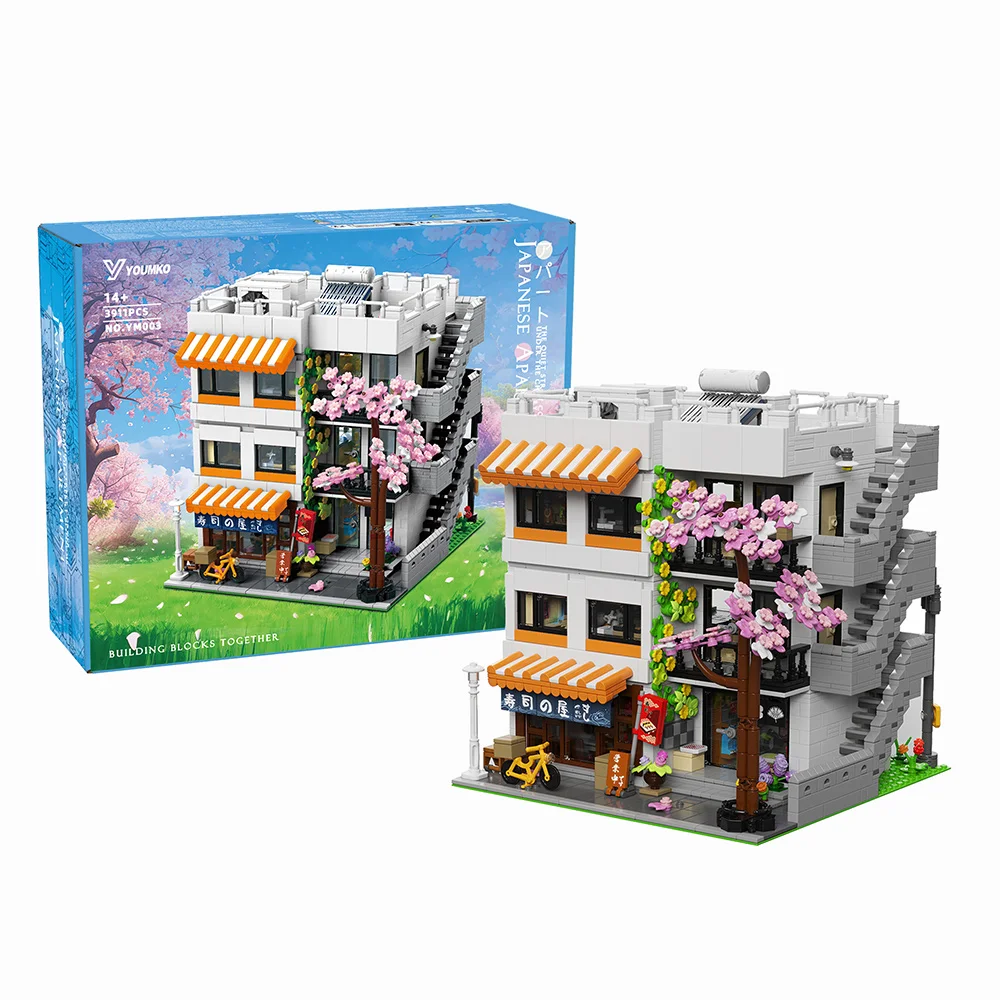 3911Teile Klemmbausteine Sushi Laden Apartment Bausteinset Set,Kirschblüten Straßenansicht Architekturmodell Kit mit 5 Figuren und Beleuchtung Spielzeug für Für Erwachsene Geschenk Desktop Ornament