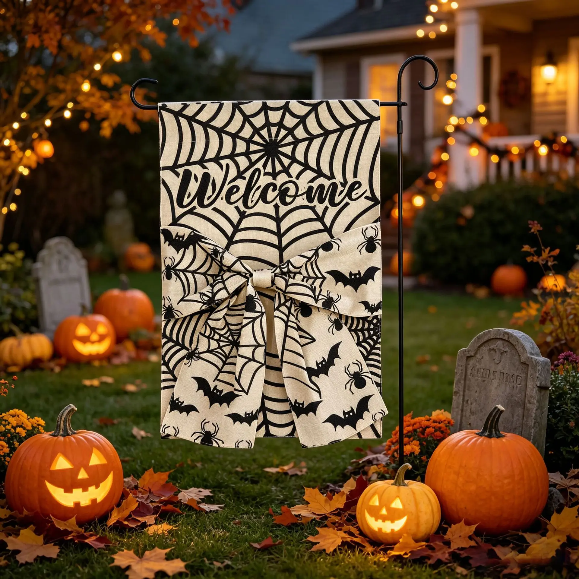 2 Stück Halloween Gartenläufer Digital Bedruckt Doppelseitiger Leinenstoff Schleifendekoration Hofläufer – Detail 6