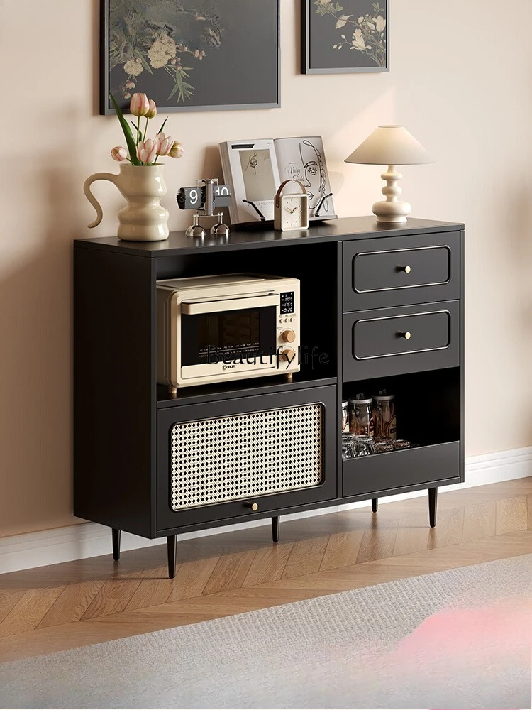 

American-style Rattan Vintage Sideboard Large Capacity Microwave Oven Cabinet Simple Solid Wood