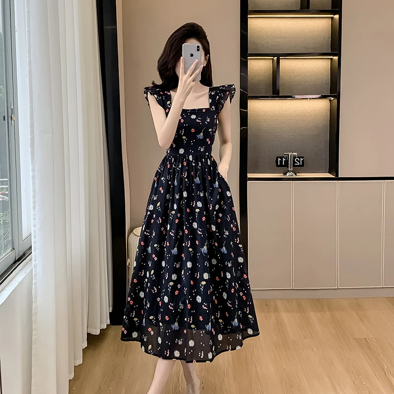 

2024 Summer New Lazy Style Casual Dresses Women's Niche Black Flying Sleeves Fragmented Flower Mid Lenght Chiffon Elegant Dress