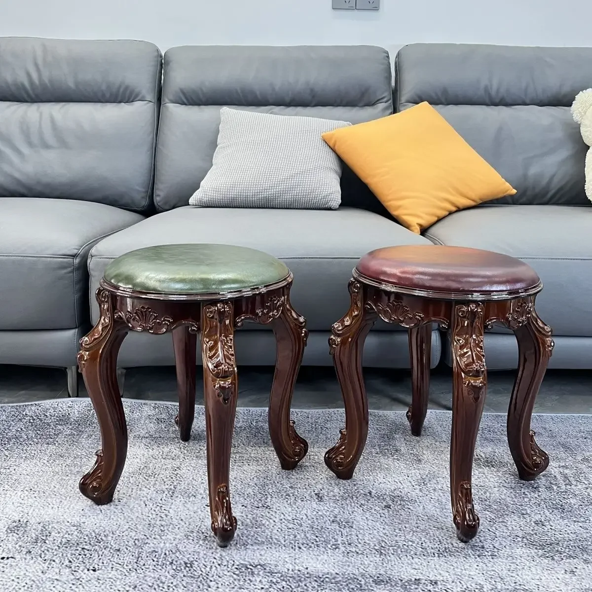 

European Walnut Color Vintage Durable Home Stool High Stools Makeup Dressing Ottomans Living Room Dining Table Stool Furniture