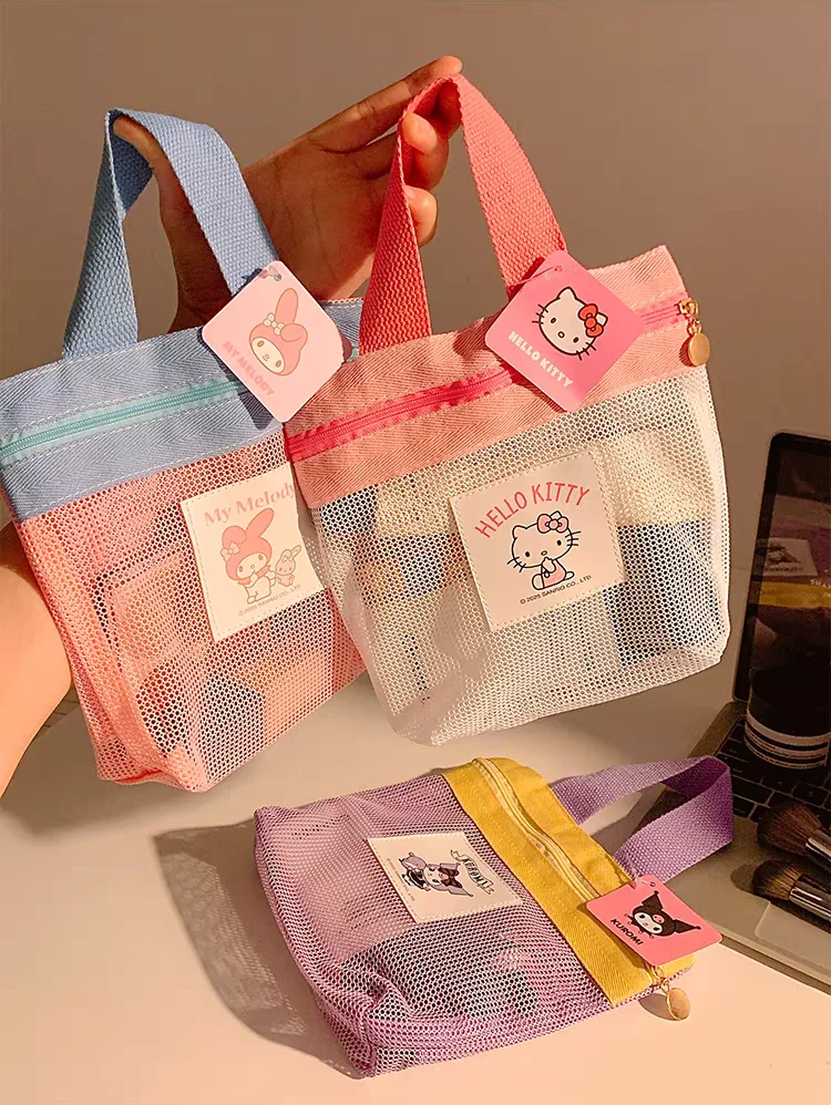 Sanrio Licensed Mesh Handbag - Hello Kitty My Melody Kuromi Pochacco Cute Storage Bag for Women & Girls