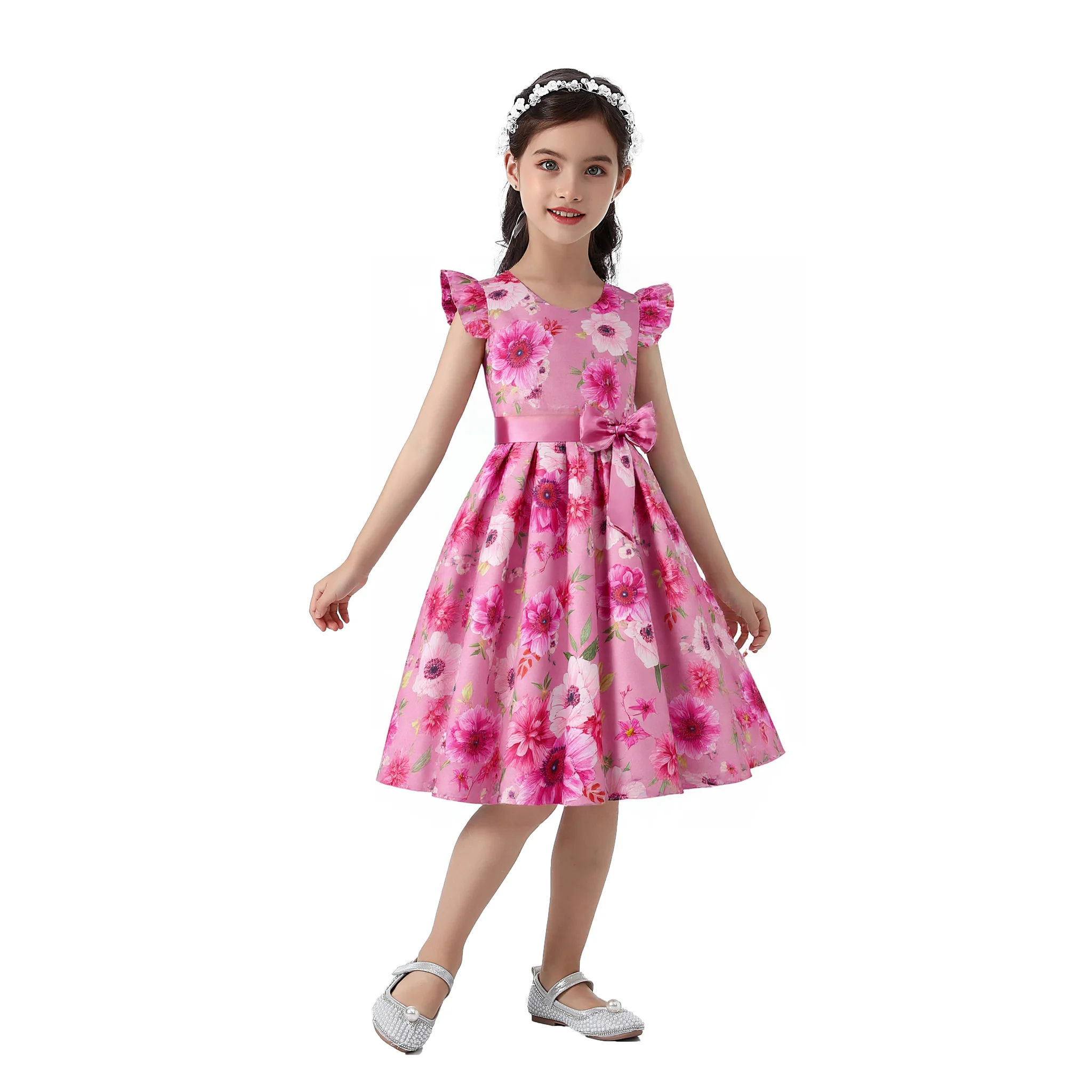 Children's Flower Girl Dress with Pleated Sleeves Floral Print Butterfly Decoration Elegant Girls' Ceremony Outfit